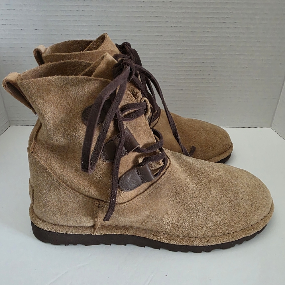 Tan Suede Ankle Boots with Brown Laces